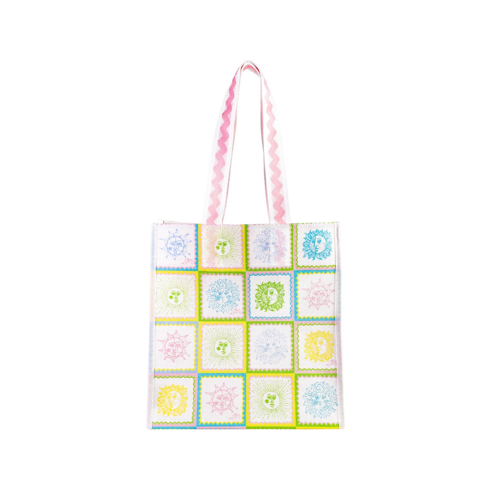 Tote bag with colorful pattern on a white background.
