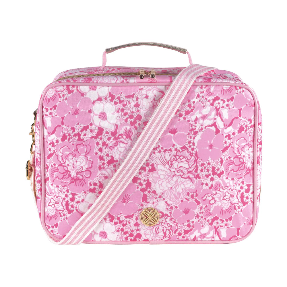 Pink floral patterned lunch bag with a matching crossbody strap and handle on a white background.