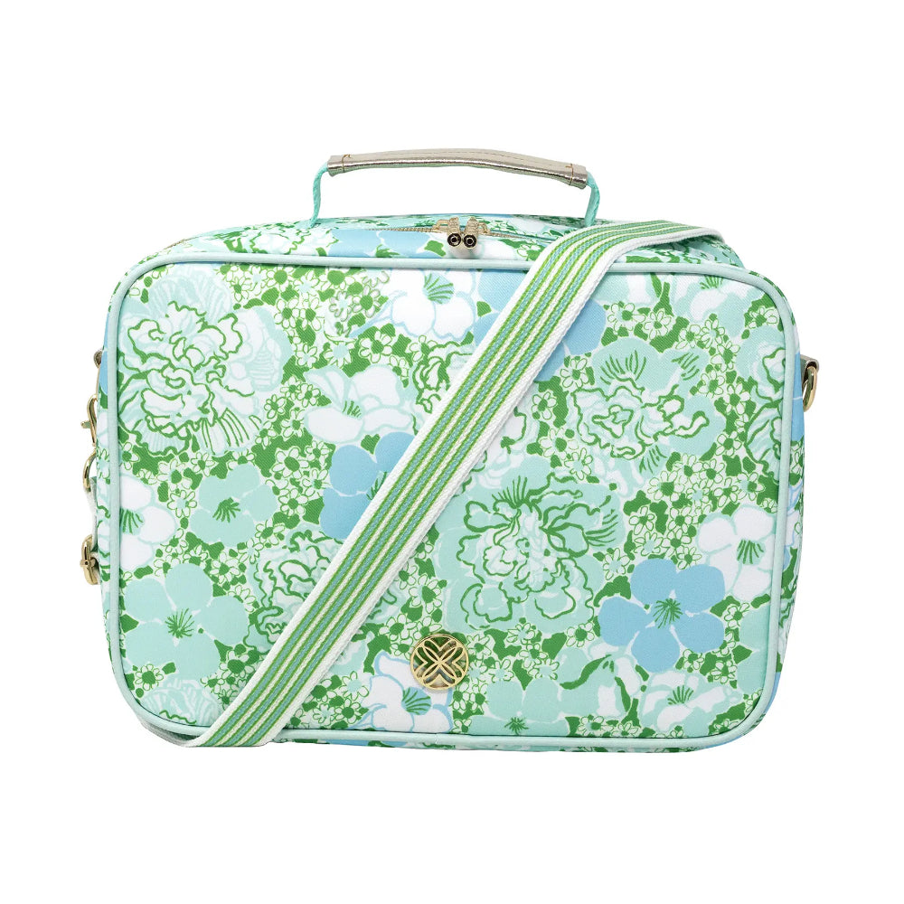 Green, white and blue floral patterned lunch bag with a zipper, strap and handle on a white background.