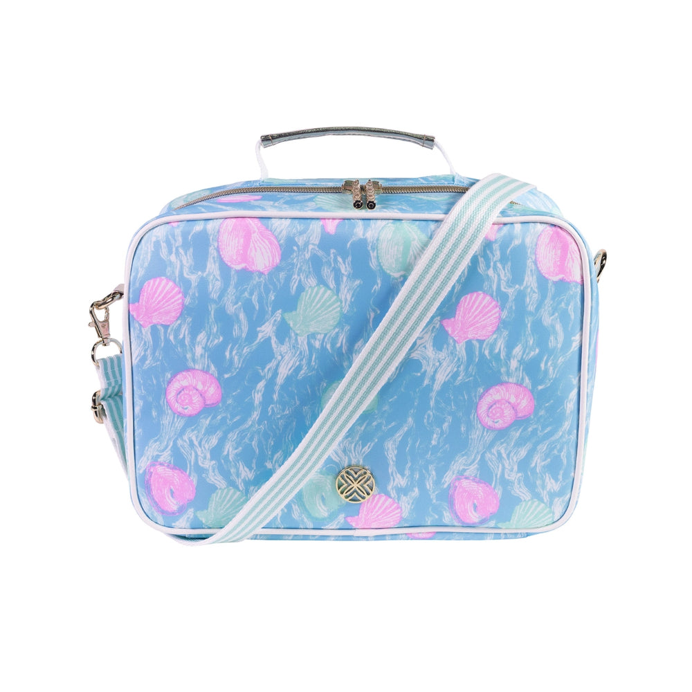 Blue lunchbag with pink seashell pattern on a white background.