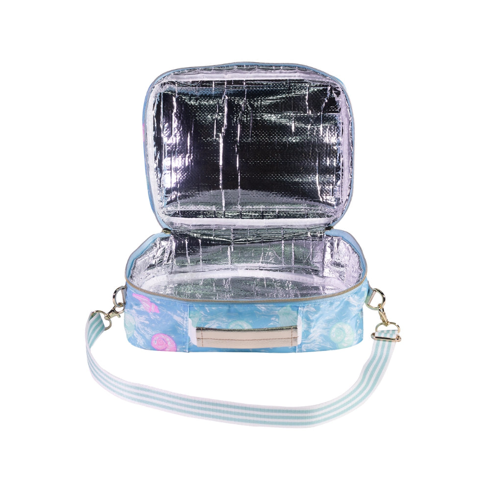 Open insulated blue lunchbag with pink seashell pattern with a silver interior on a white background.