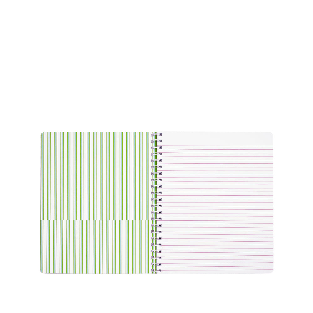 An open spiral-bound lined notebook with a white cover decorated with vertical green stripes on the left side and white lined pages on the right, set against a plain white background.