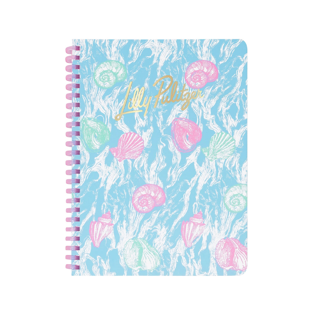 Blue notebook with seashell pattern and Lilly Pulitzer branding in gold on a white background.