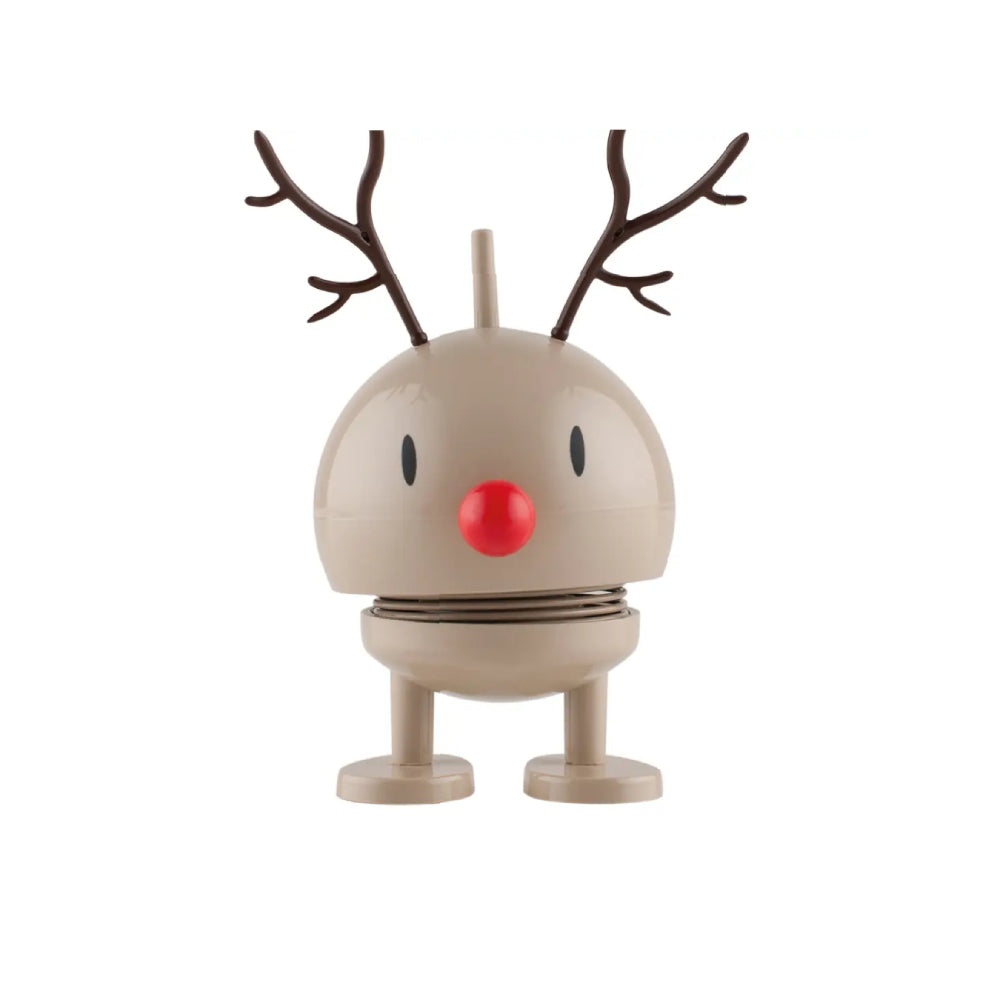 A whimsical reindeer-shaped toy or decoration with a round beige head, dark brown antlers, a bright red nose, and small legs, shown on a plain white background.