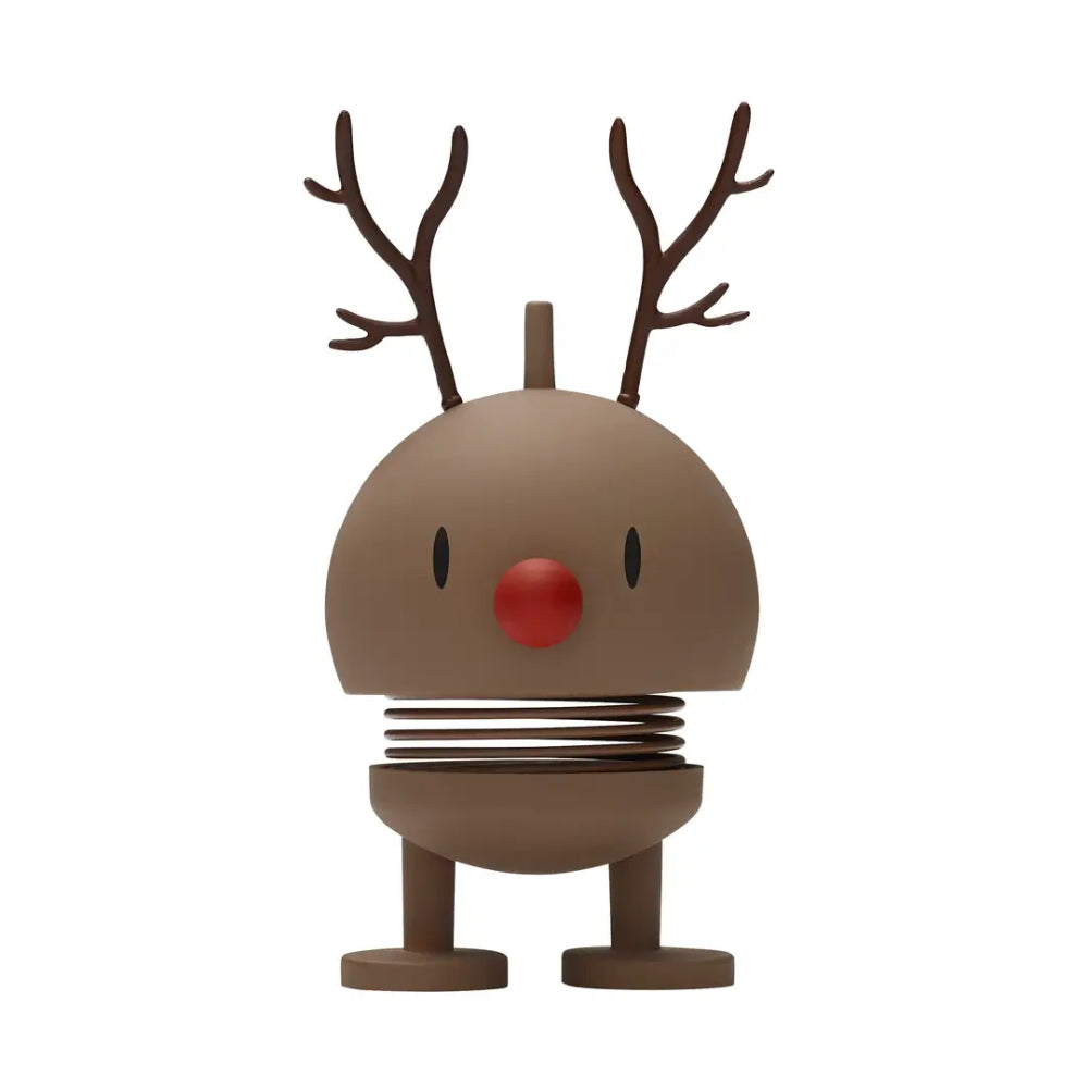 A brown reindeer-shaped spring toy with dark brown antlers, a red nose, and black eyes, shown on a plain white background.