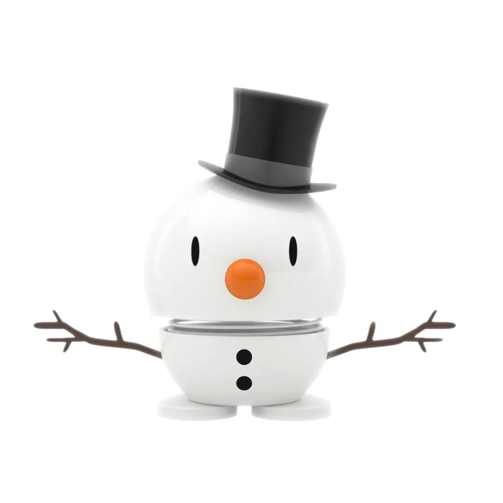 Small white snowman figure with top hat on a white backround.