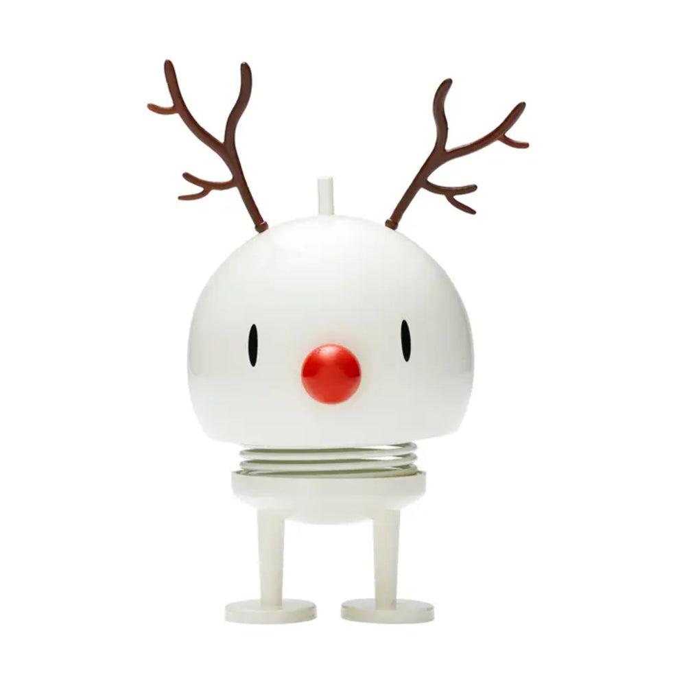 A white snowman-shaped spring figurine toy with brown antlers, a red nose, and black eyes, standing on a white background.