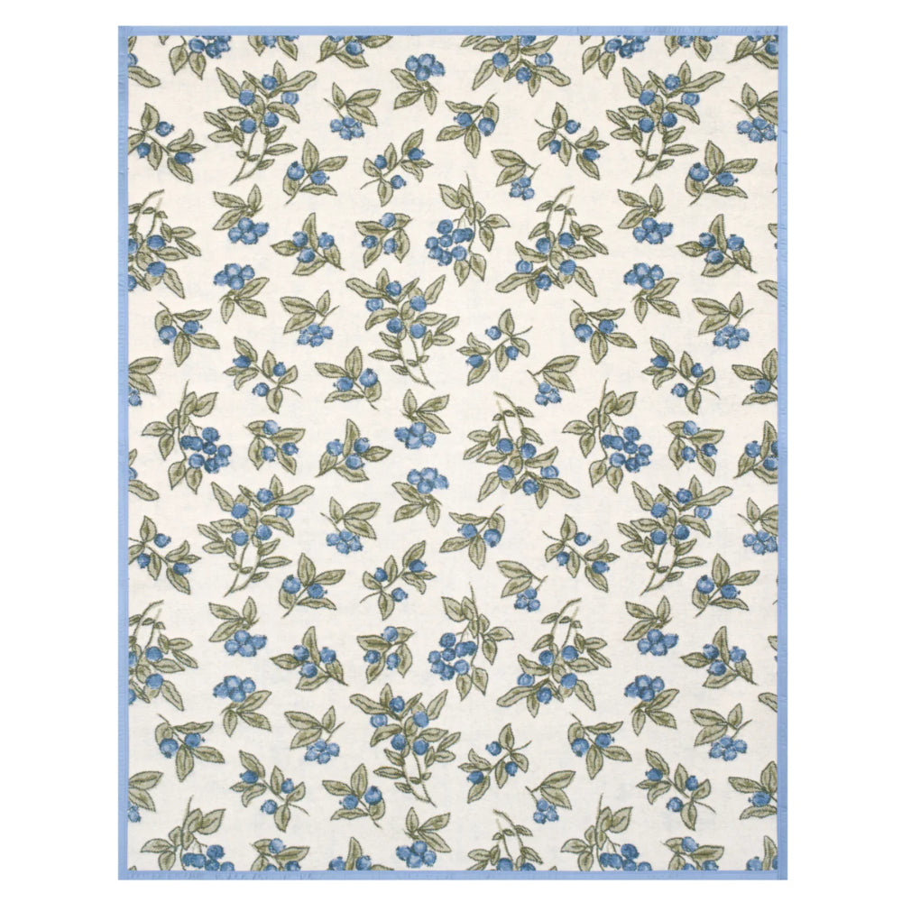 Floral pattern with blue flowers and green leaves on a white background