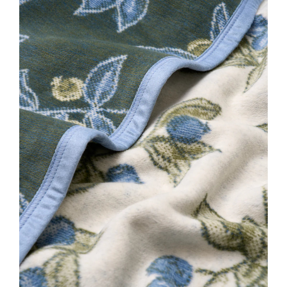 Close-up of floral-patterned fabric with blue and green colors