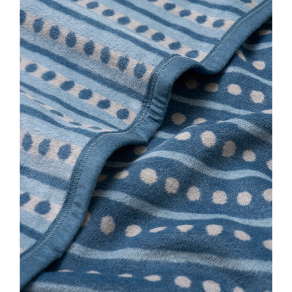 A close-up of a soft blue patterned textile, likely a towel or blanket, showing woven stripes and dotted motifs in shades of blue and off-white.