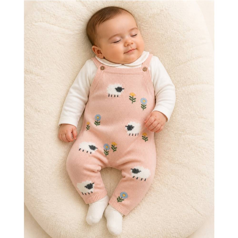 Viverano Organics Lamb Cozy Knit Baby Overall Set - Sweet Pink (Organic Cotton)