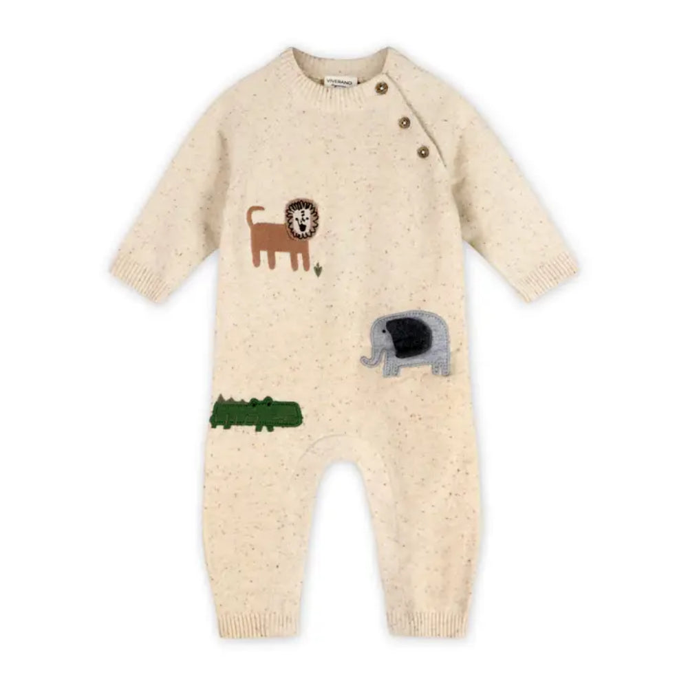 Beige baby romper with animal appliqués on a white background