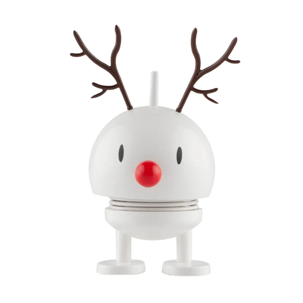 A white snowman toy or figurine with brown reindeer antlers, a red nose, and black eyes, standing on a plain white background.