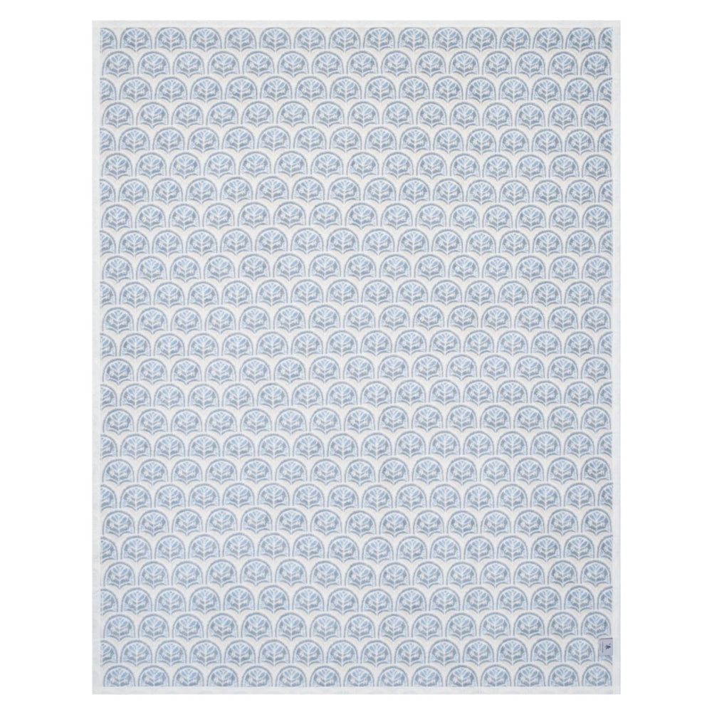 A rectangular area rug with a repeating light blue and white wave or fan-like pattern, shown flat against a white background.