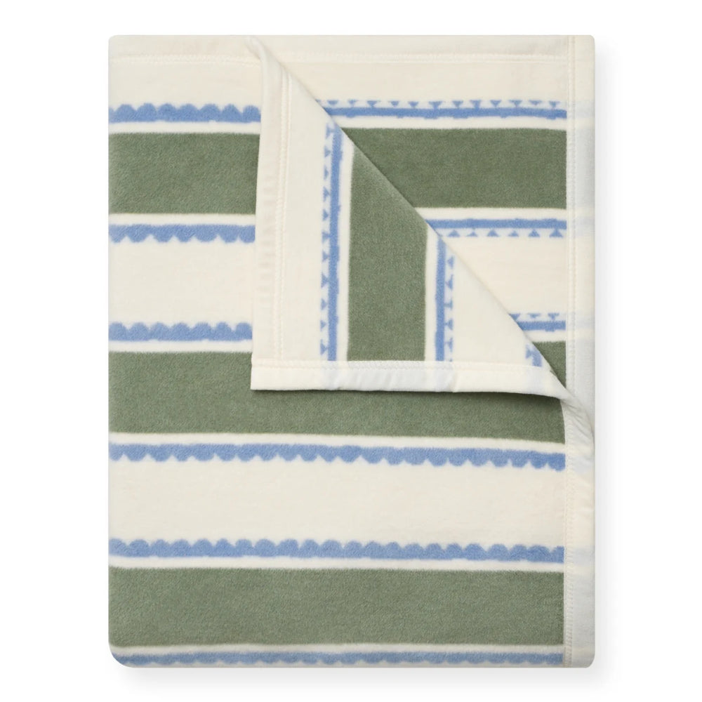 A folded cotton blanket with a striped pattern in sage green, cream, and light blue, shown on a clean white background.