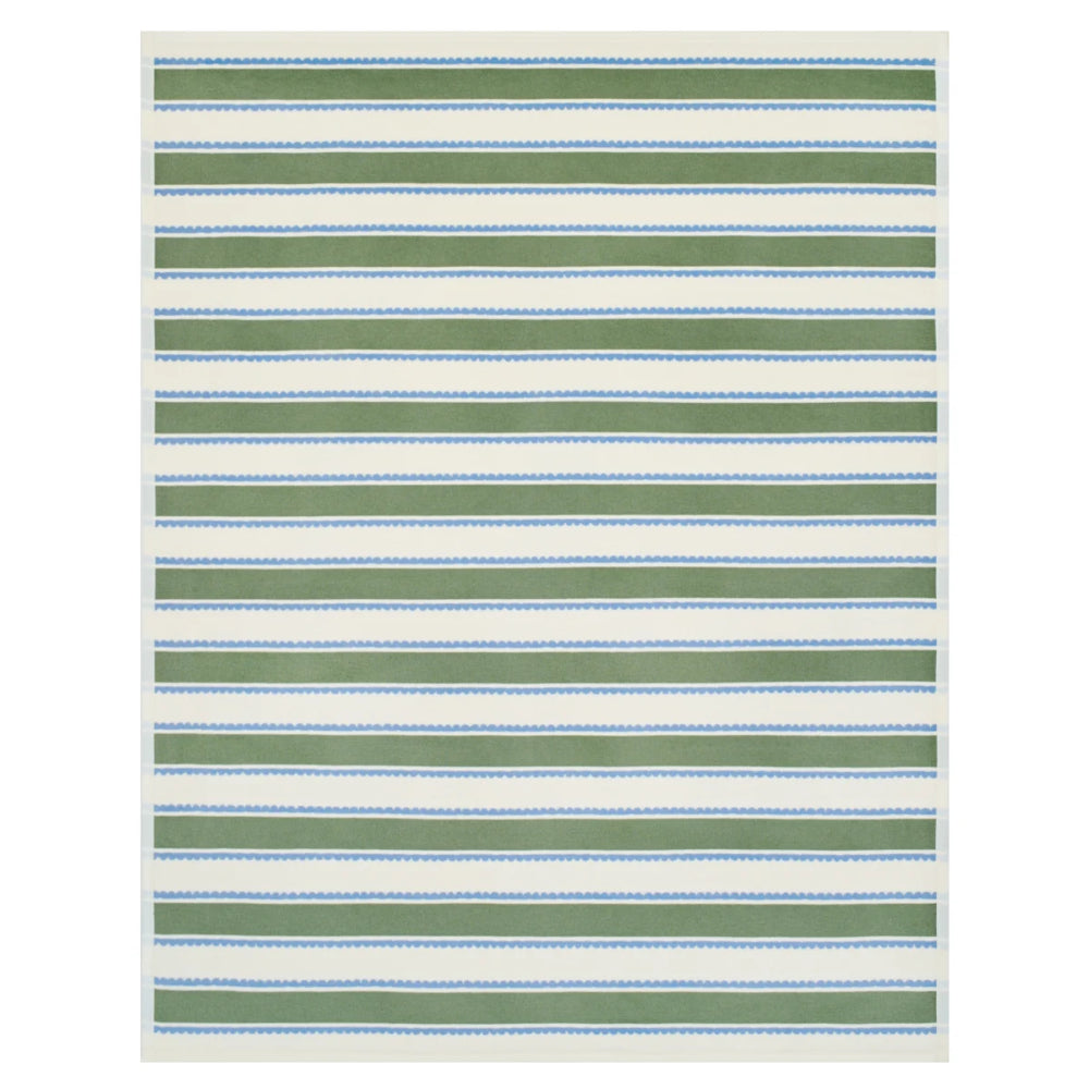 A rectangular area rug with a horizontal striped pattern in sage green, light blue, and white, shown flat against a white background.