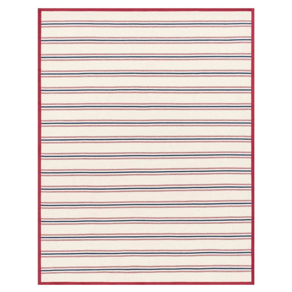 A rectangular area blanket with a cream background, horizontal stripes in navy blue, red, and thin gray lines, and a solid red border.