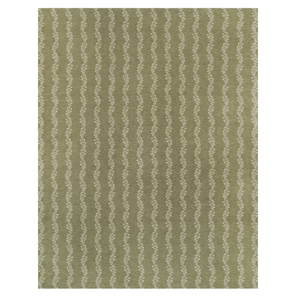 An area rug with a vertical wavy stripe pattern in olive green and cream.