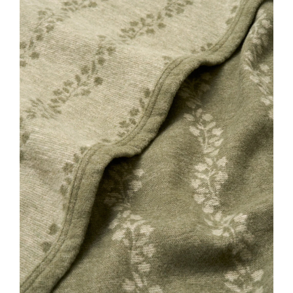 A close-up of a soft knit fabric with a muted floral pattern, shown folded to reveal the texture and color variation.