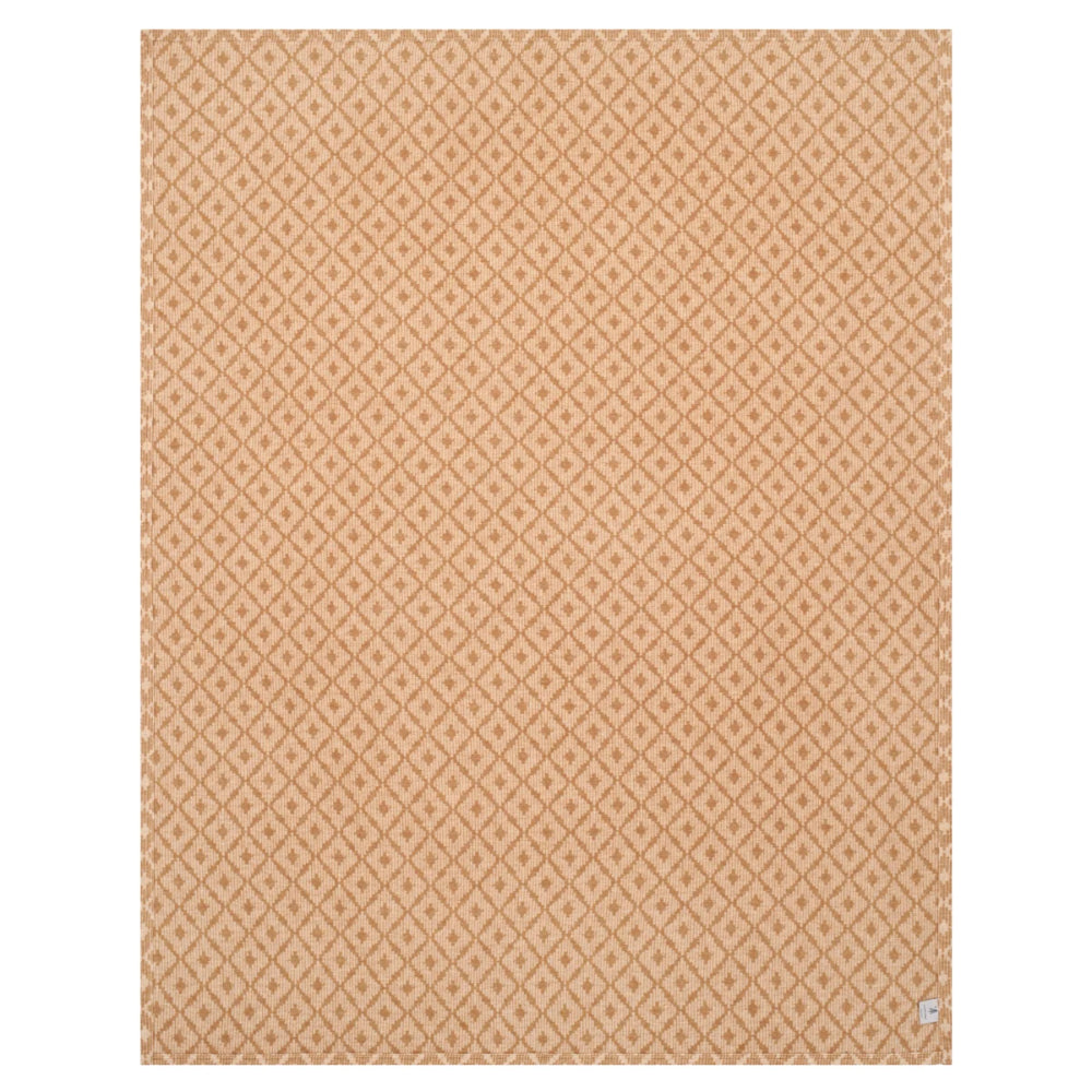 A rectangular area rug with a warm tan and beige geometric diamond pattern, shown flat against a white background.