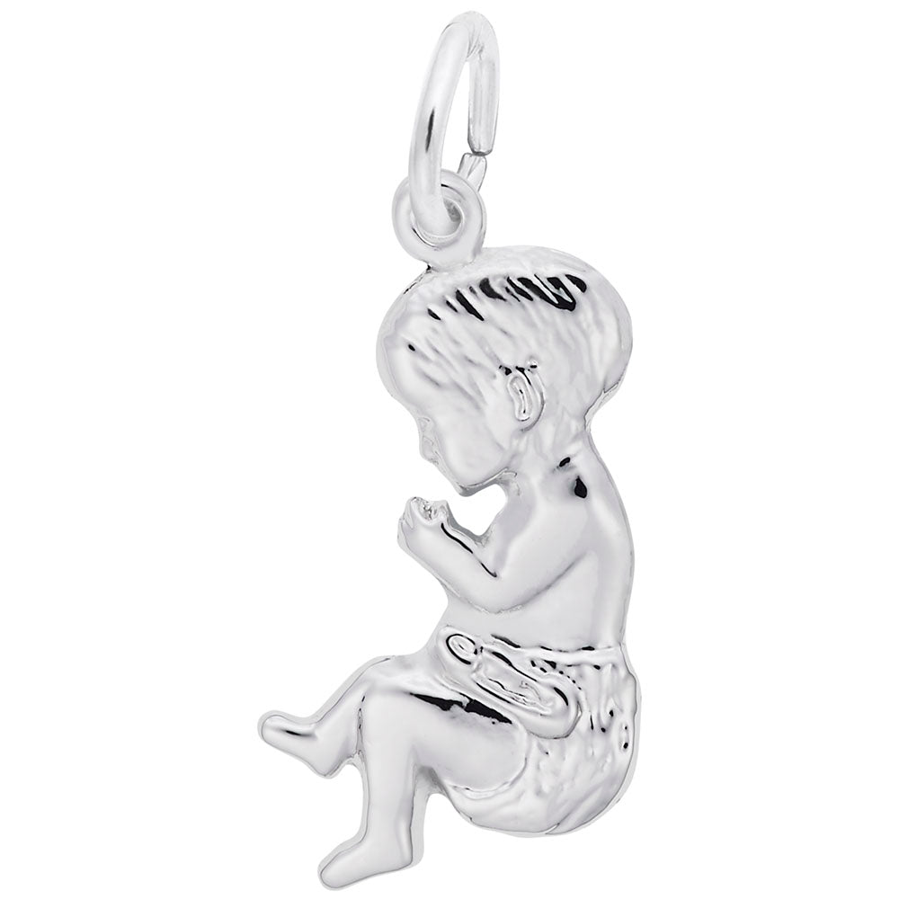 Silver baby charm on a white background