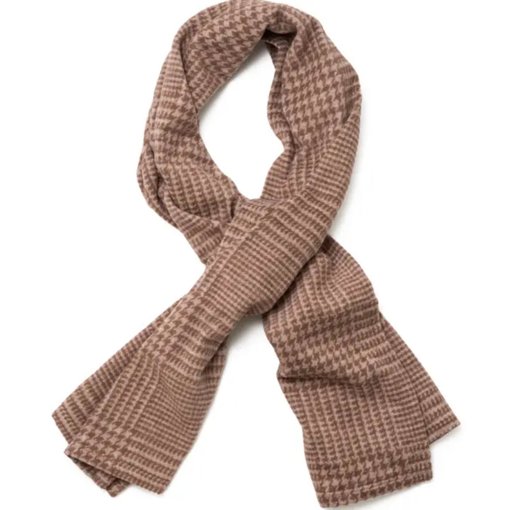 A brown and beige houndstooth patterned knit shawl, styled in a loop on a plain white background.