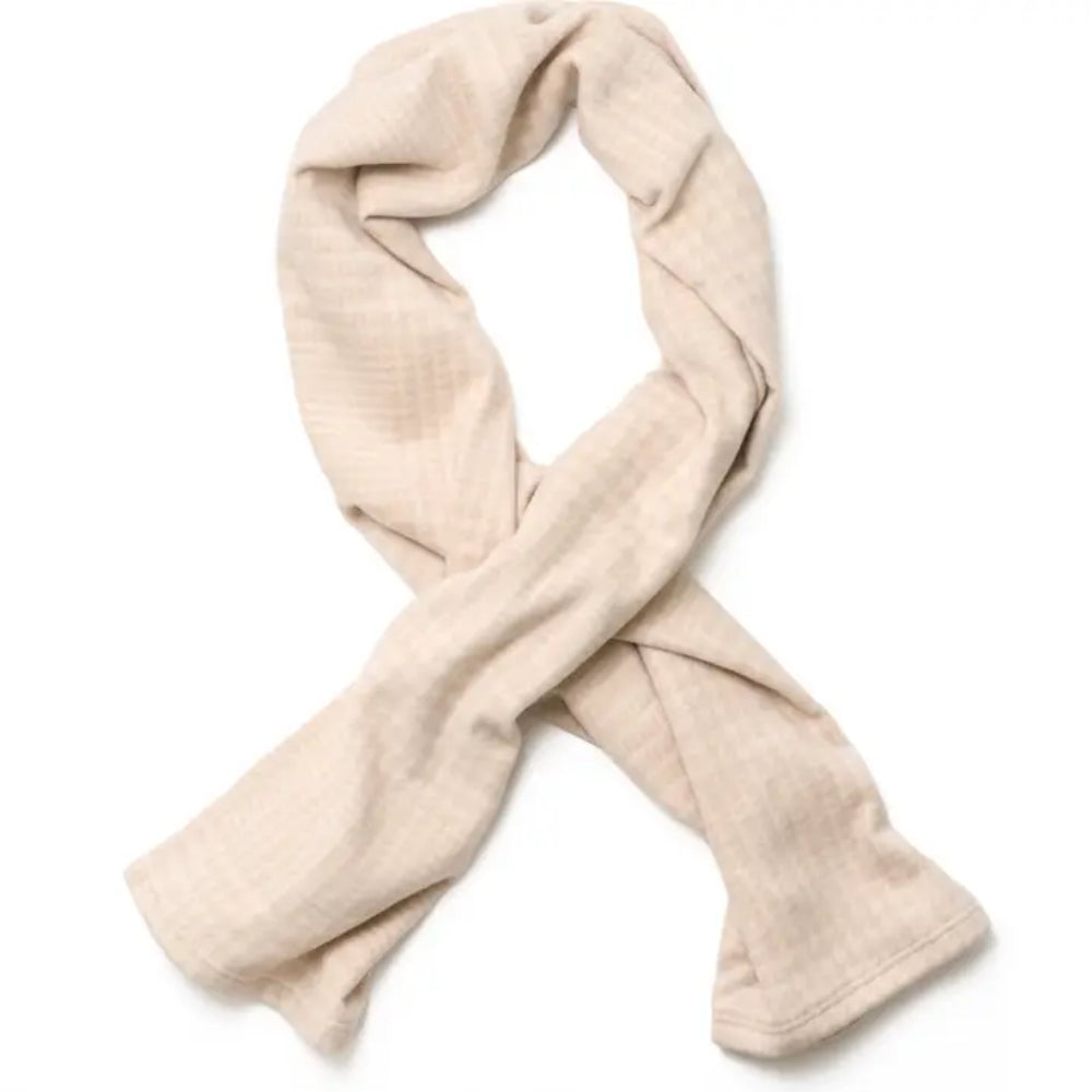 A light beige gauze shawl with a subtle grid texture, styled in a loose loop on a solid white background.