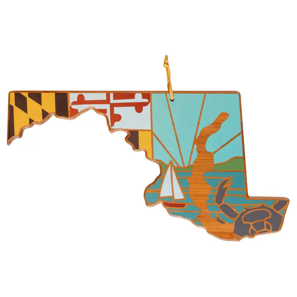 Decorative cutting board like a stylized  map of Maryland and state flag with colorful patterns on a white background.