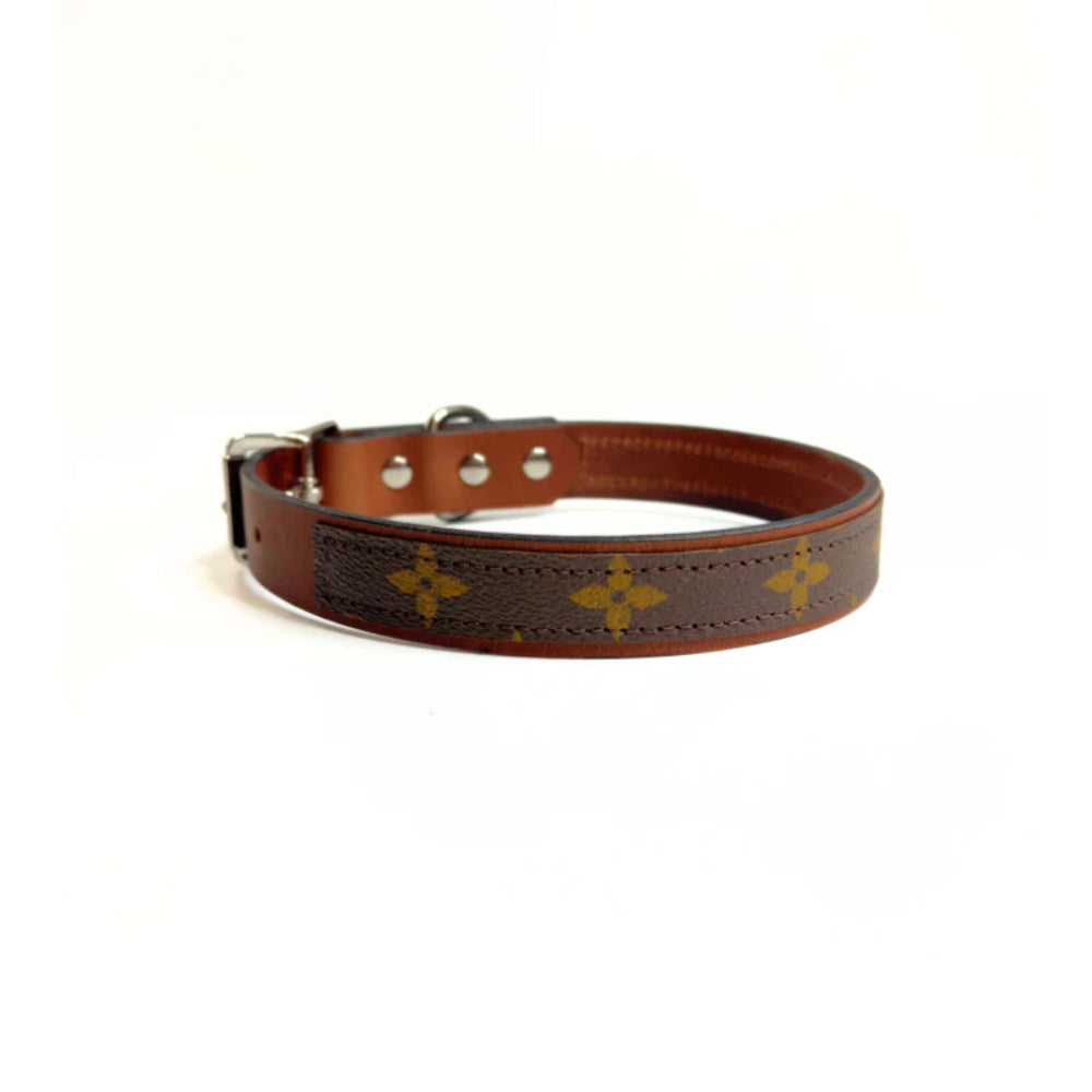 Beaudin Designs Posh Pet Collar in Golden Brown Leather & Upcycled LV - Small