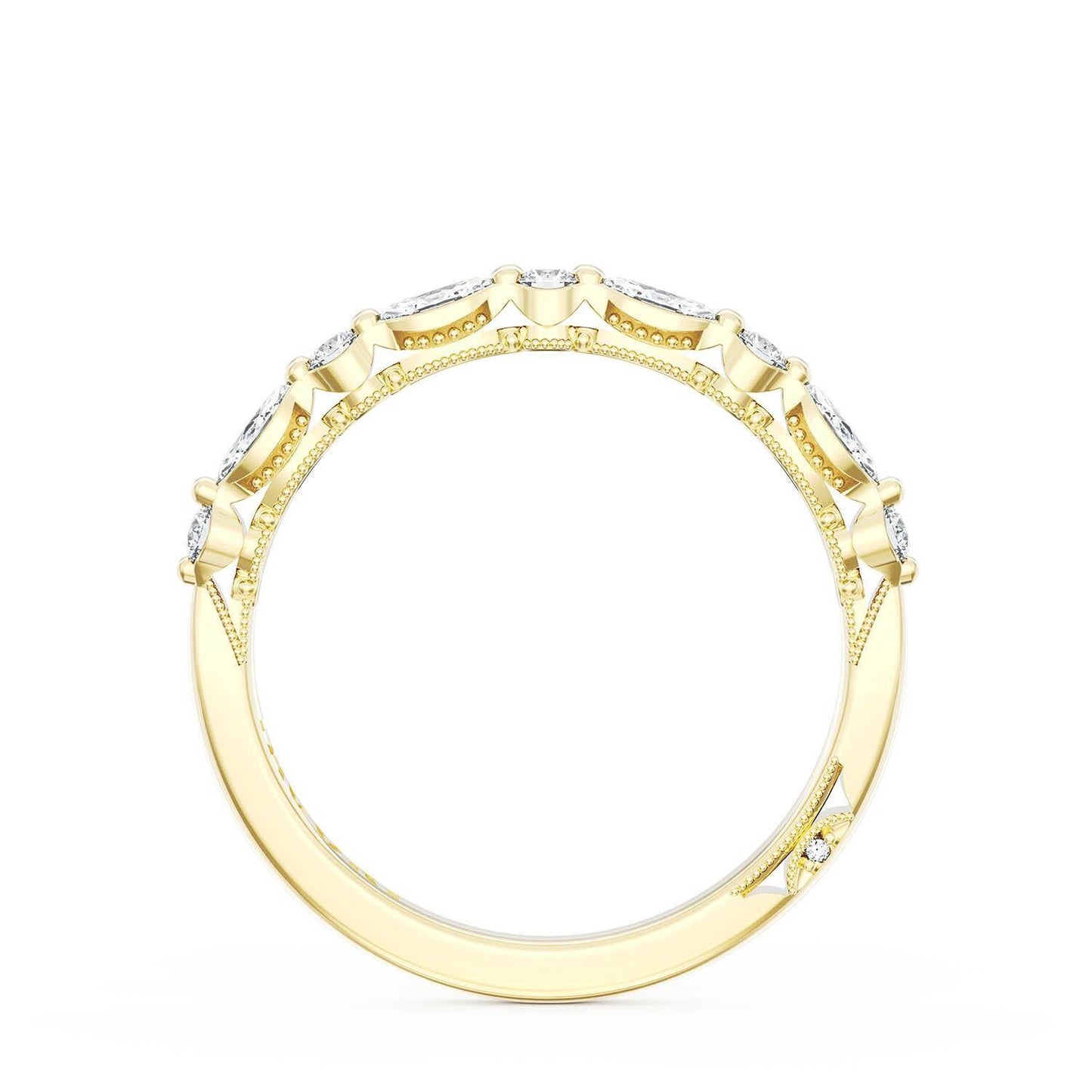 Rose gold ring with diamond accents on a white background
