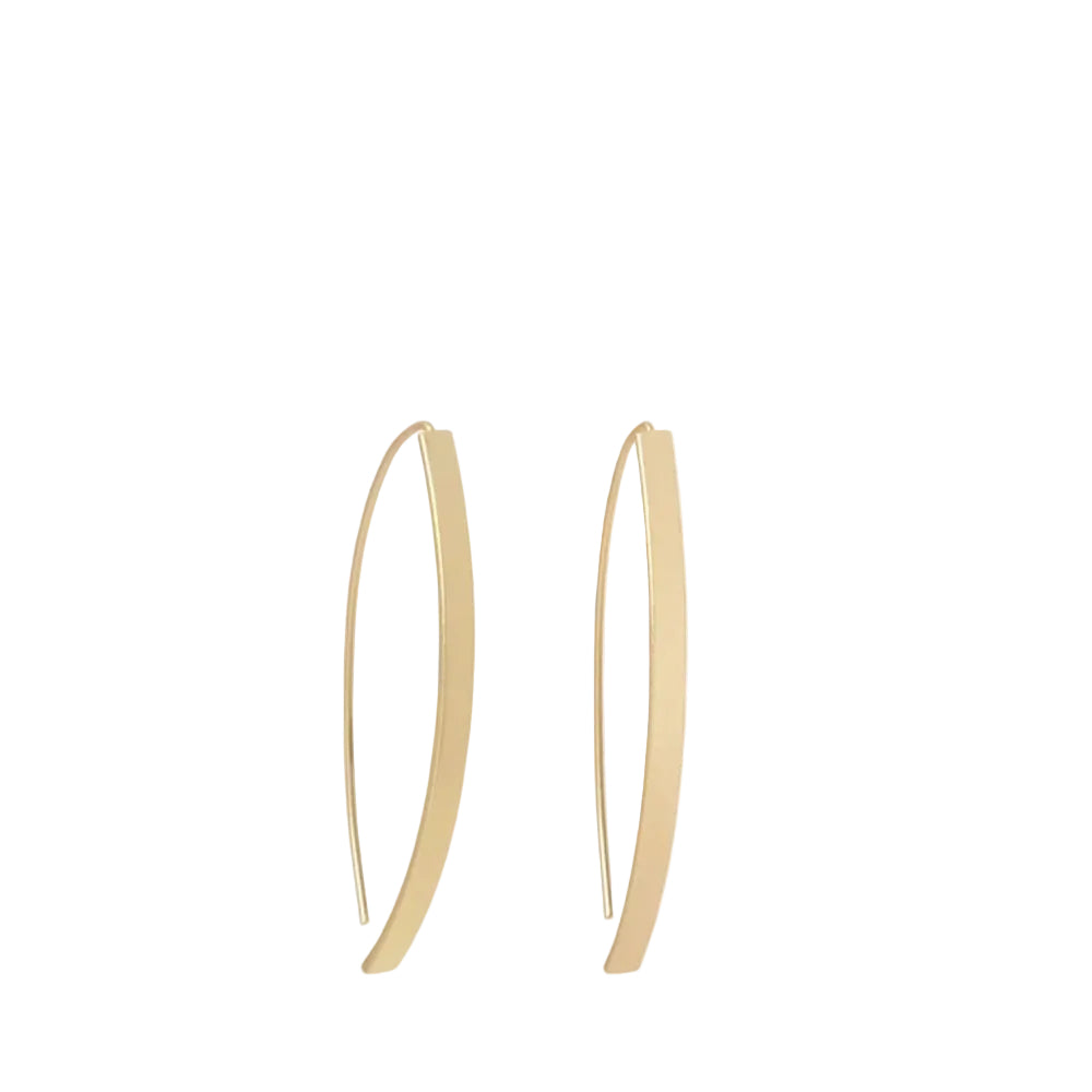A pair of slim, curved gold hoop earrings on a solid white background.
