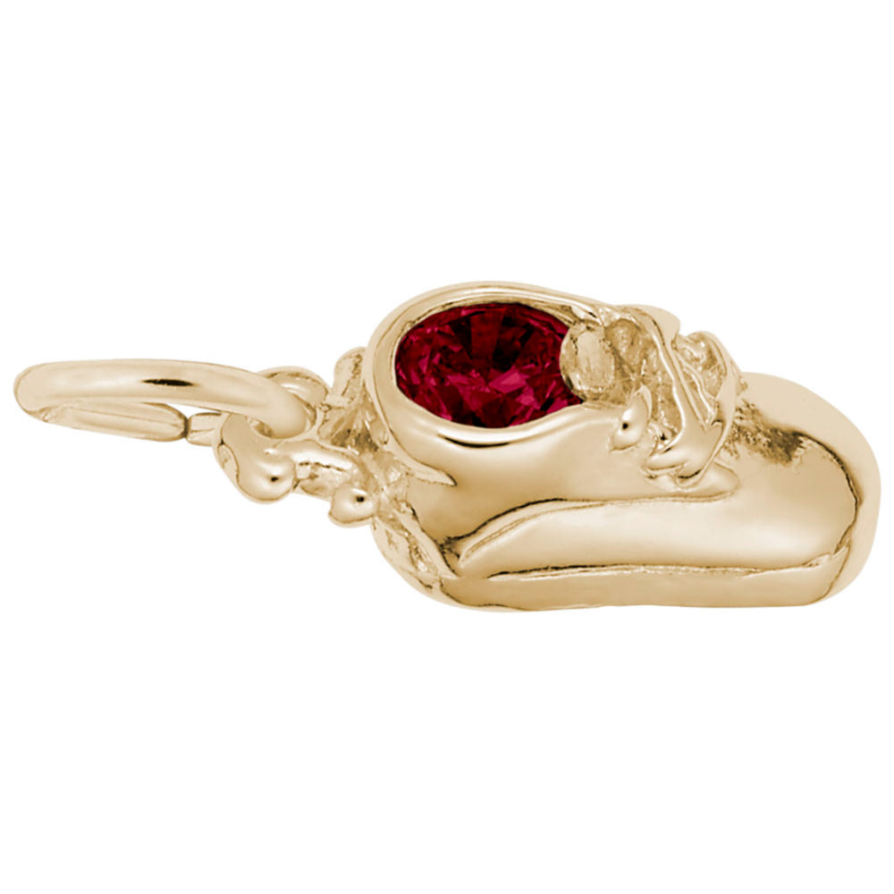Gold Baby Shoe Charm with Red Stone, Side View 