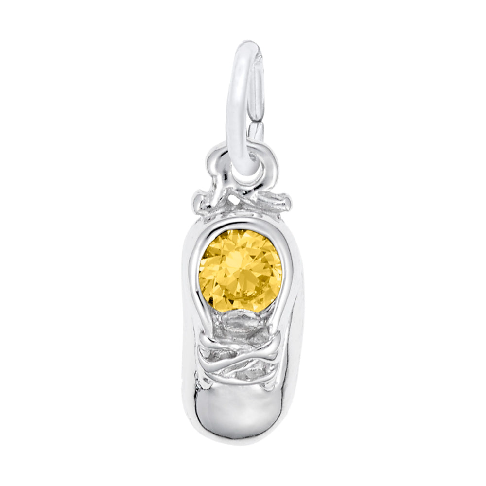 Silver Baby Shoe Charm with Yellow-Orange Stone