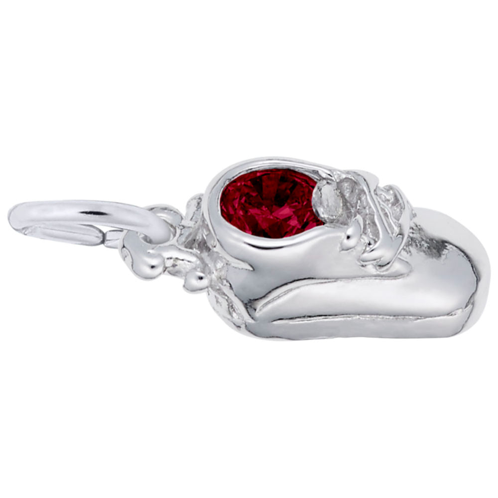 Silver Baby Shoe Charm with Red Stone, Side View
