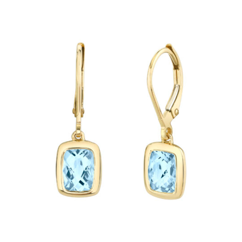 Yellow Gold Bezel Aquamarine Lever back Drop Earrings