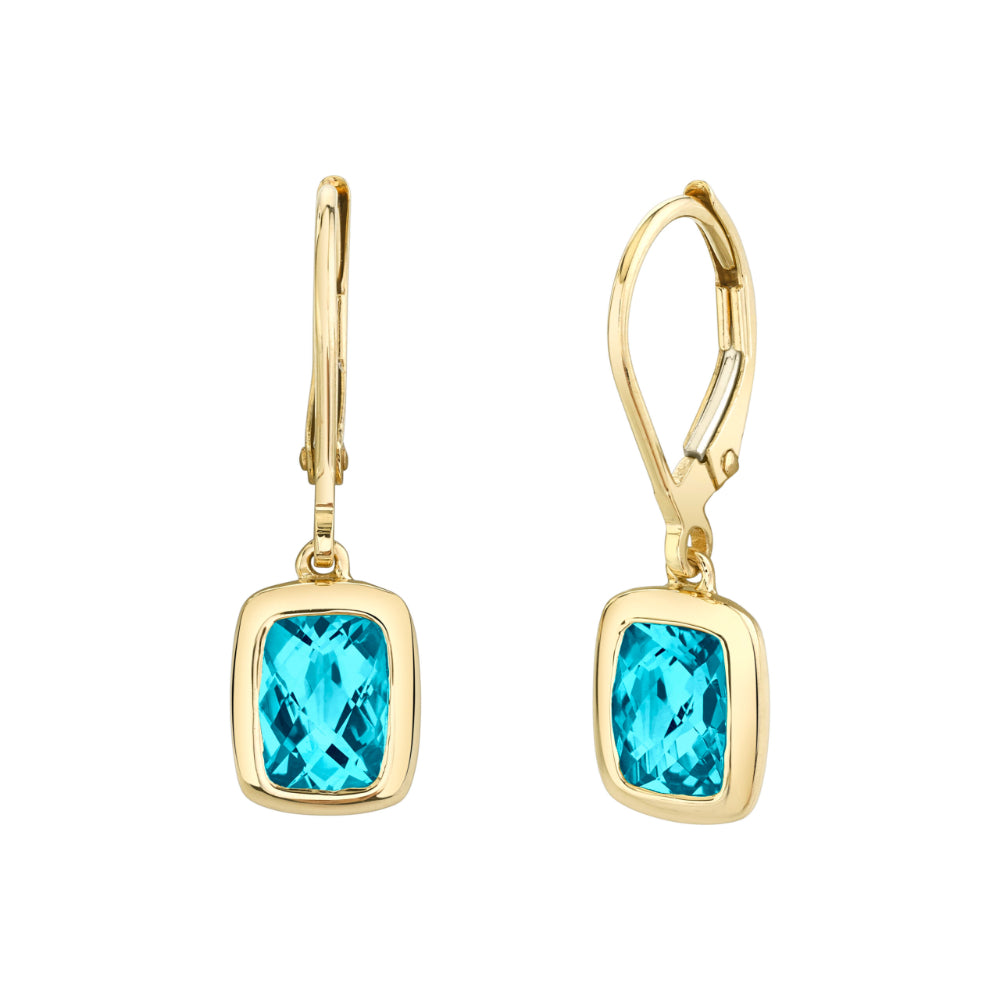 Yellow Gold Bezel Blue Topaz Lever back Drop Earrings 