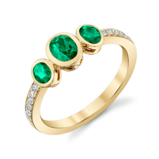 14k Gold Three Across Emerald and Diamond Ring