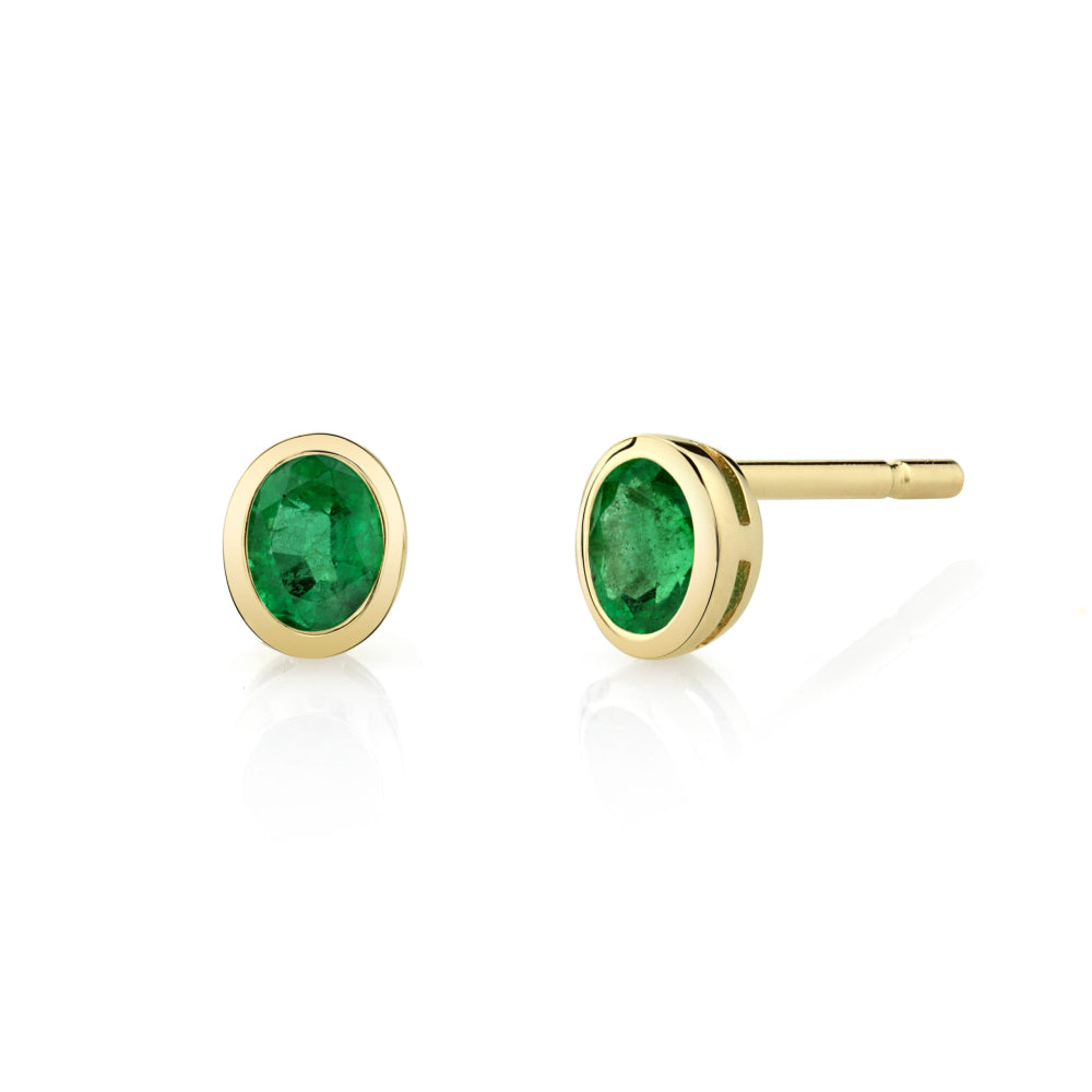 Yellow Gold Bezel Set Oval Emerald  Stud Earrings