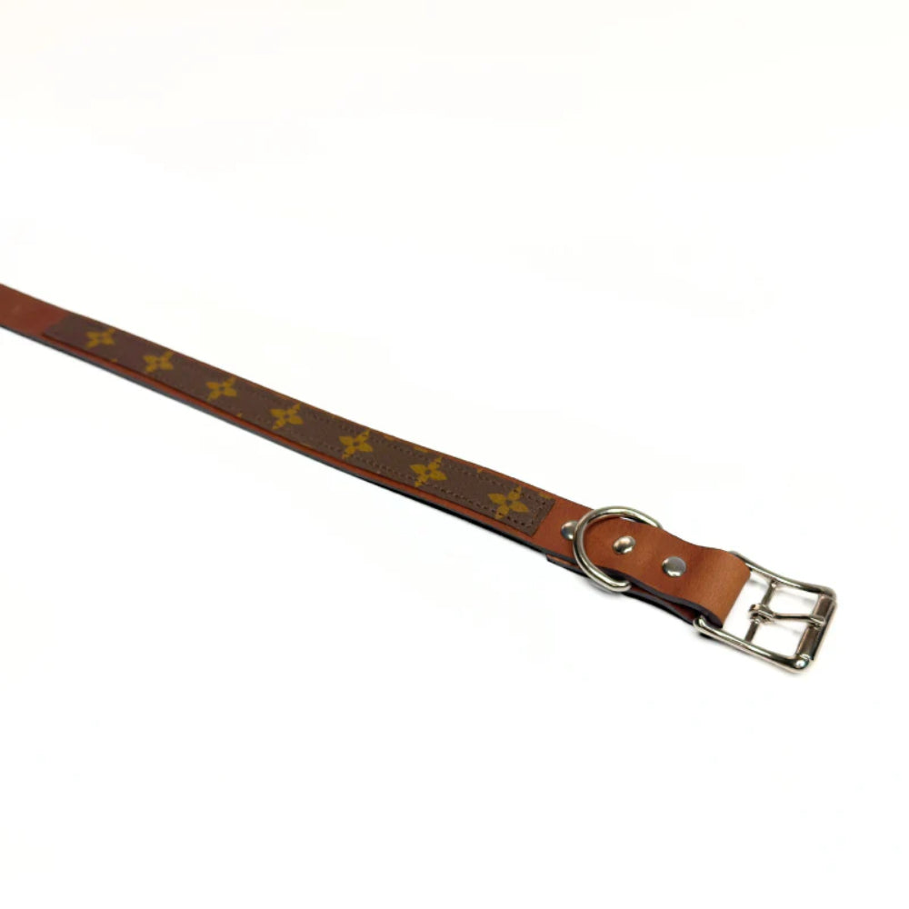 Beaudin Designs Posh Pet Collar in Golden Brown Leather & Upcycled LV - Small