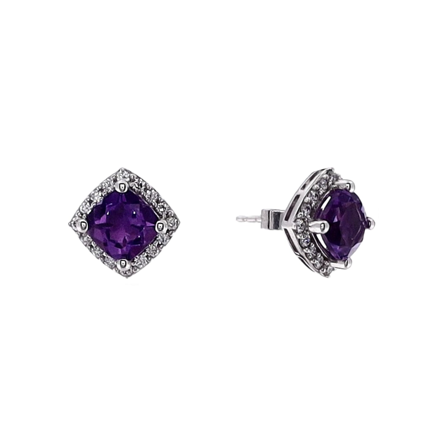 14k White Gold Cushion Amethyst and Diamond Halo Stud Earrings