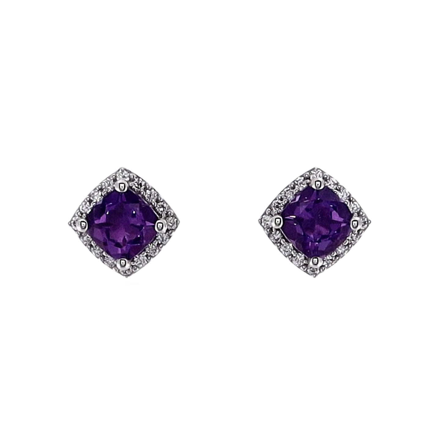 14k White Gold Cushion Amethyst and Diamond Halo Stud Earrings