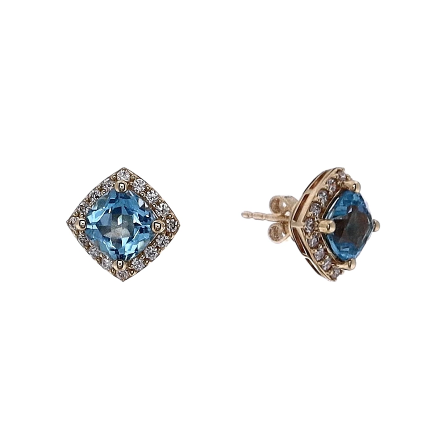 14k Yellow Gold Cushion Swiss Blue Topaz and Diamond Halo Stud Earrings