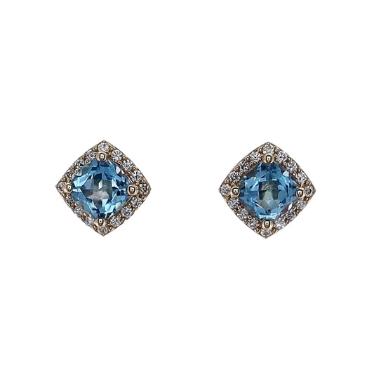 14k Yellow Gold Cushion Swiss Blue Topaz and Diamond Halo Stud Earrings