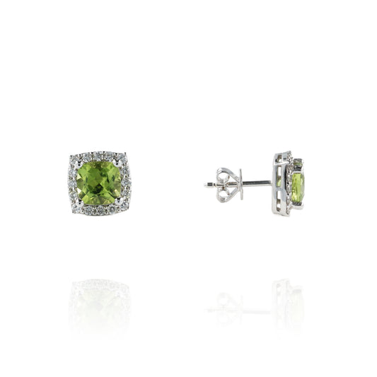 14k White Gold Cushion Peridot and Diamond Halo Stud Earrings
