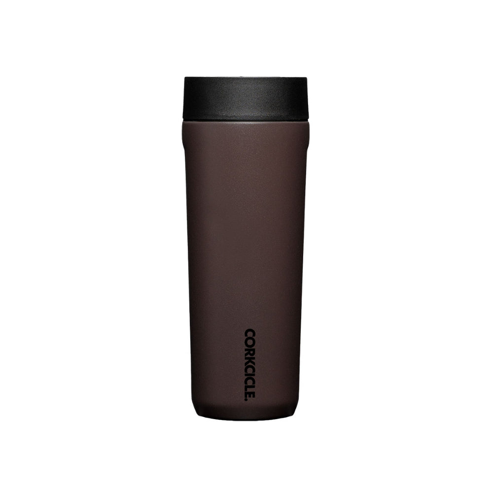 Brown travel mug with black lid on a white background.