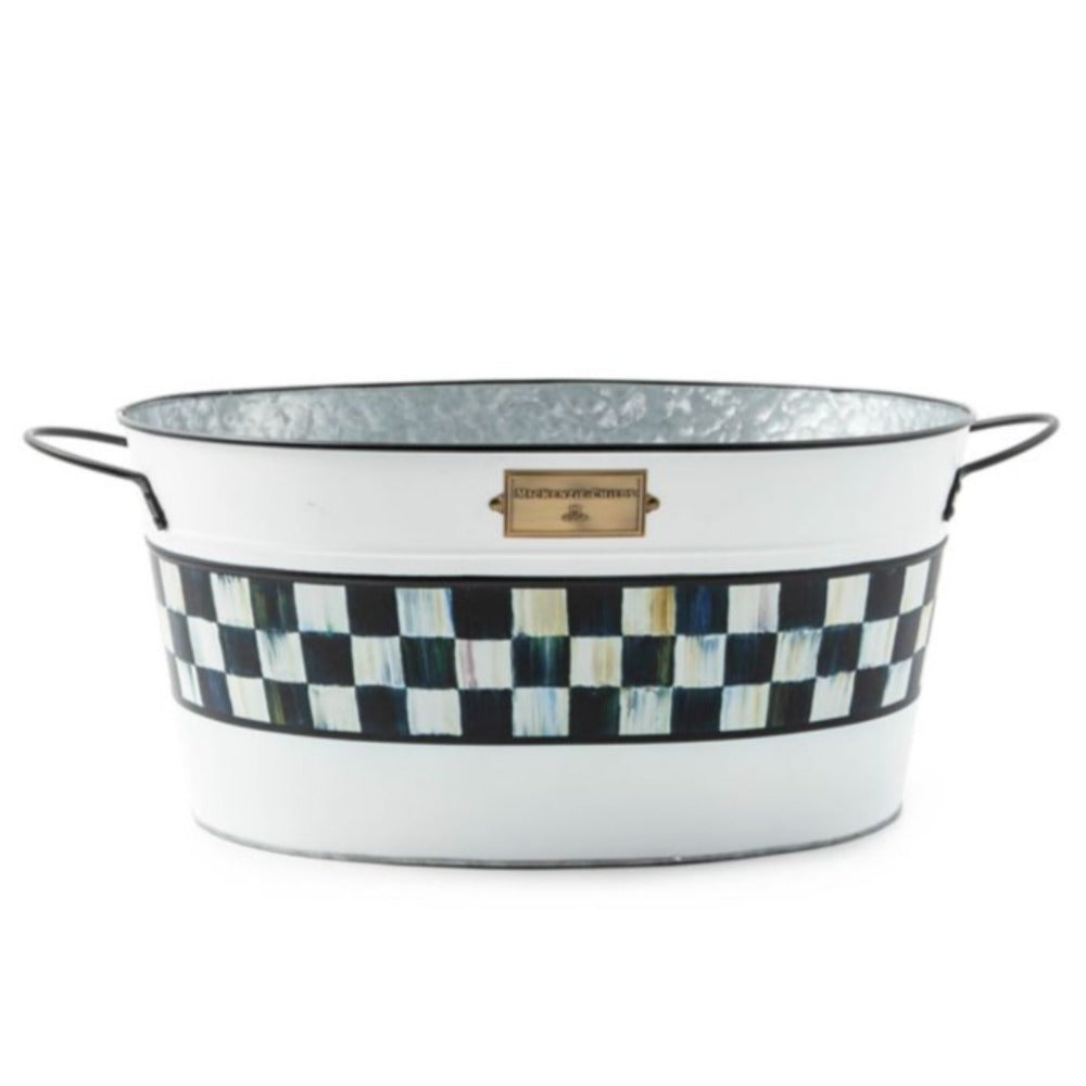 White oval enamel tray with black and white checkered border and gold emblem on a white background