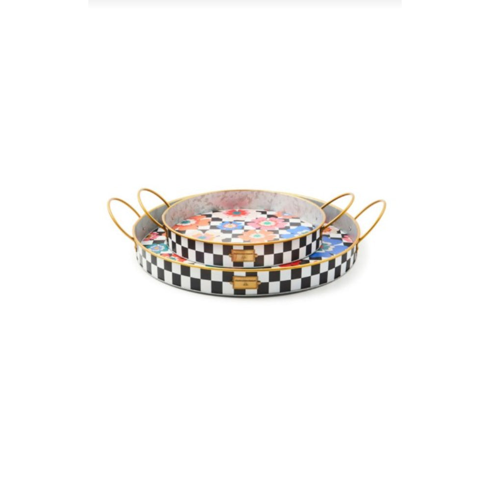 A round, floral patterned serving tray with gold-colored handles and a black and white checkered border.