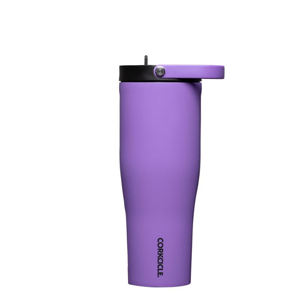 Purple tumbler with black lid on a white background.