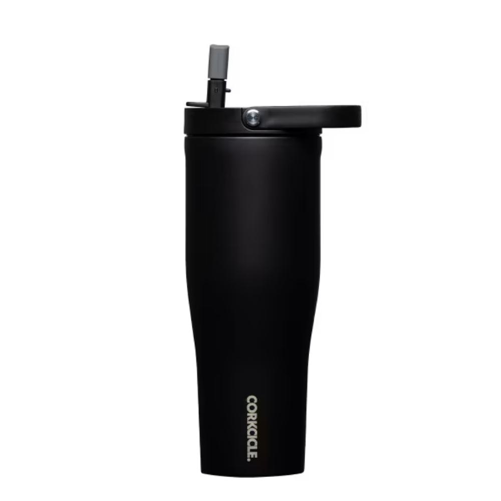Black tumbler with black lid on a white background.