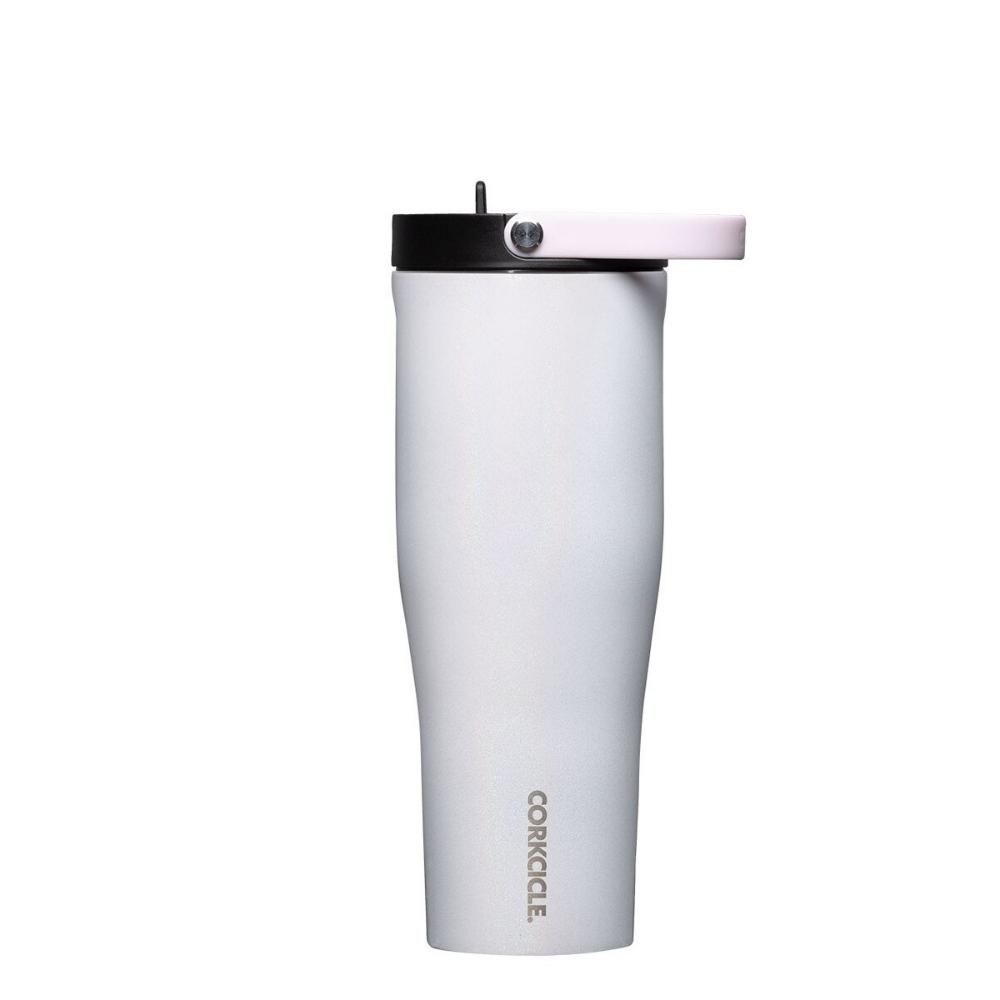 White tumbler with black lid on a white background.